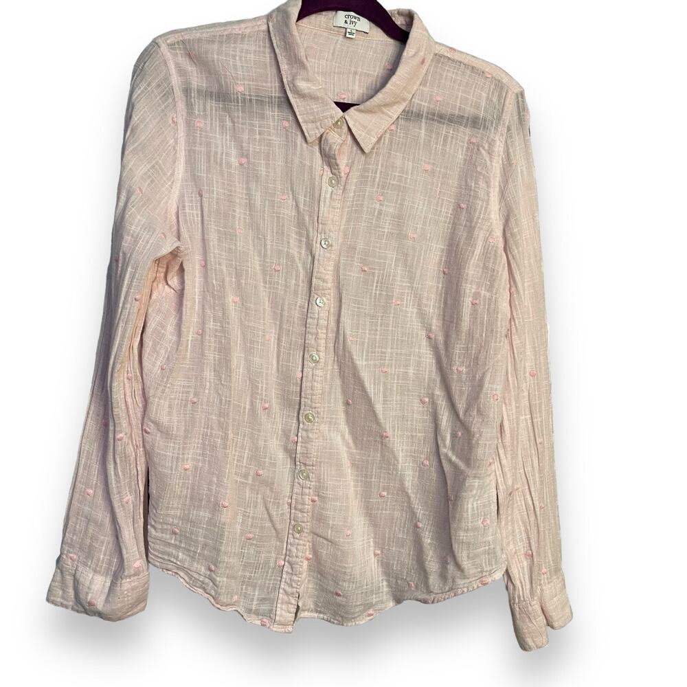 Crown & Ivy Button Up Shirt Women's L Pink Semi Sheer Lightweight Boho Casual